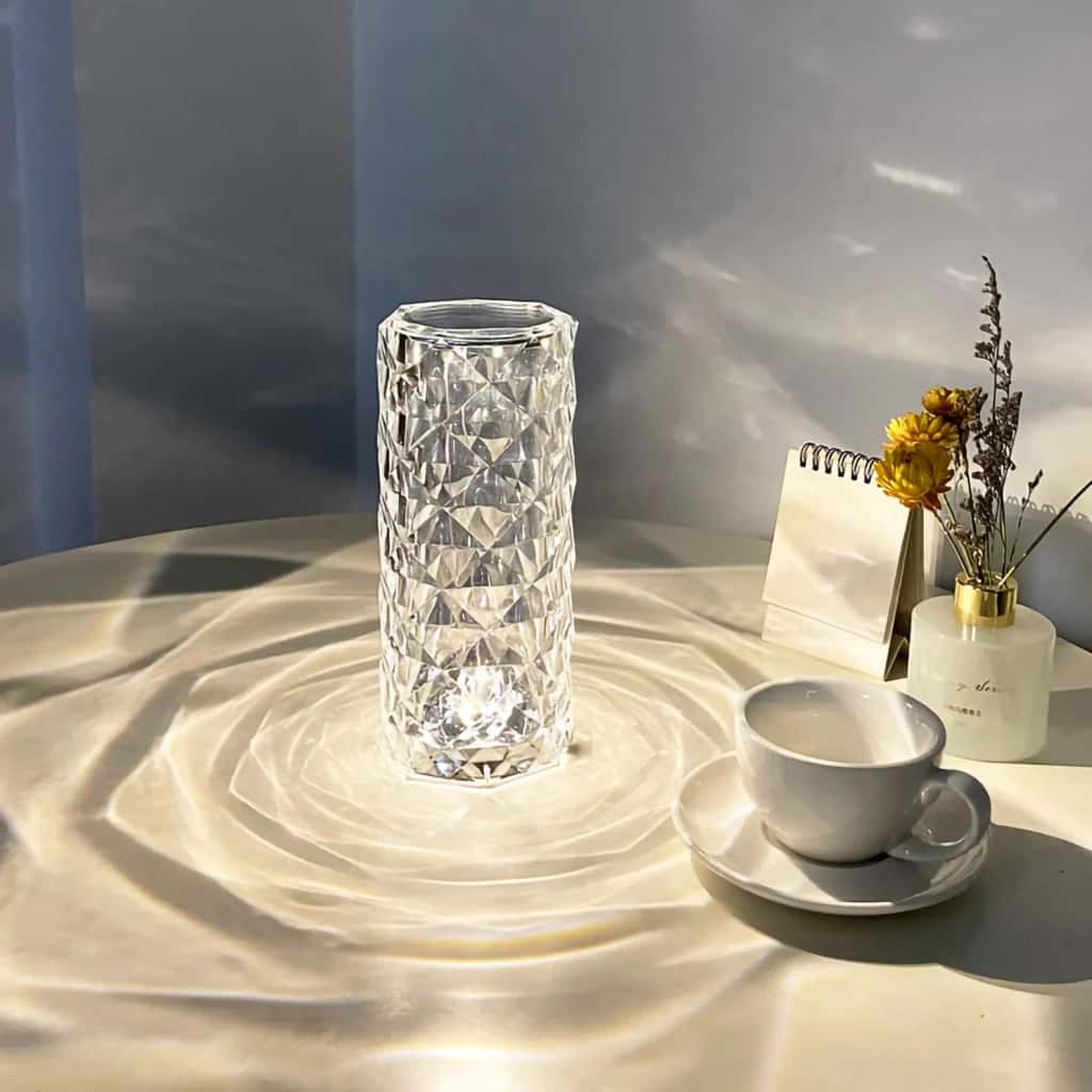 Crystal-rose-lamp-table-touch-Led-Control-16-colours-on-white-table-illuminating-room-next-to-mug